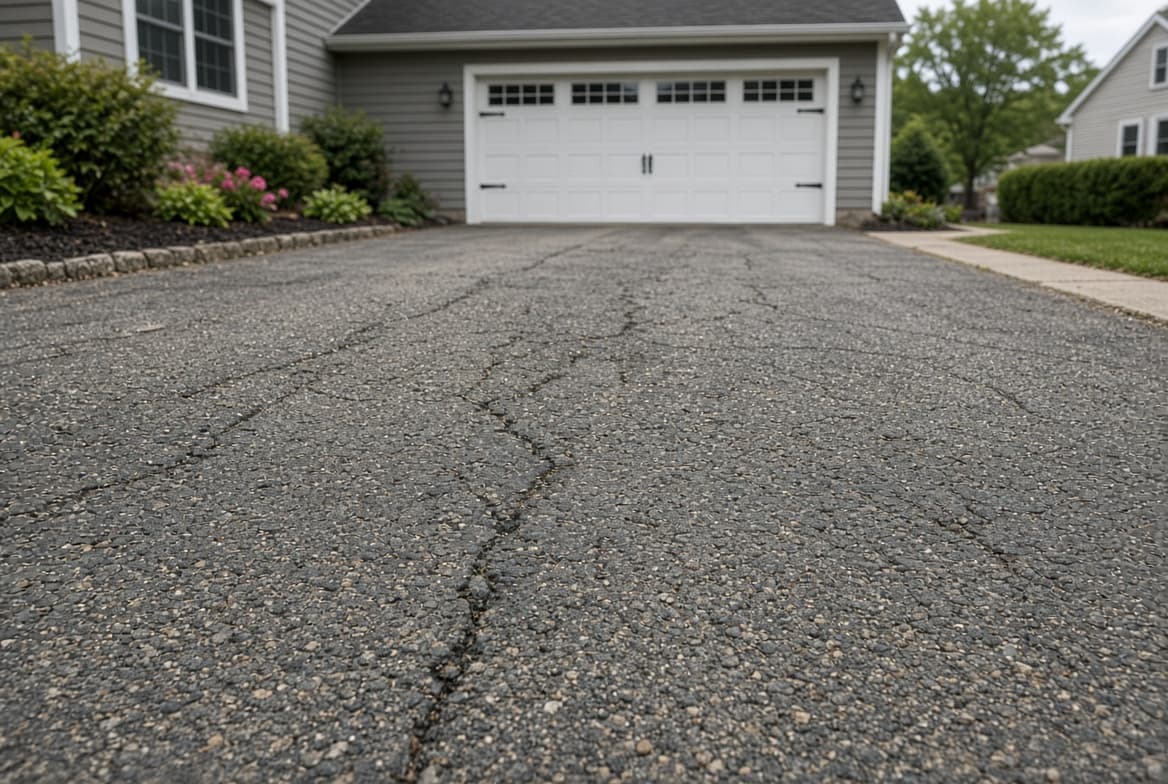 A worn asphalt driveway with a rough surface showing loose stone and several long cracks, still flat and solid.