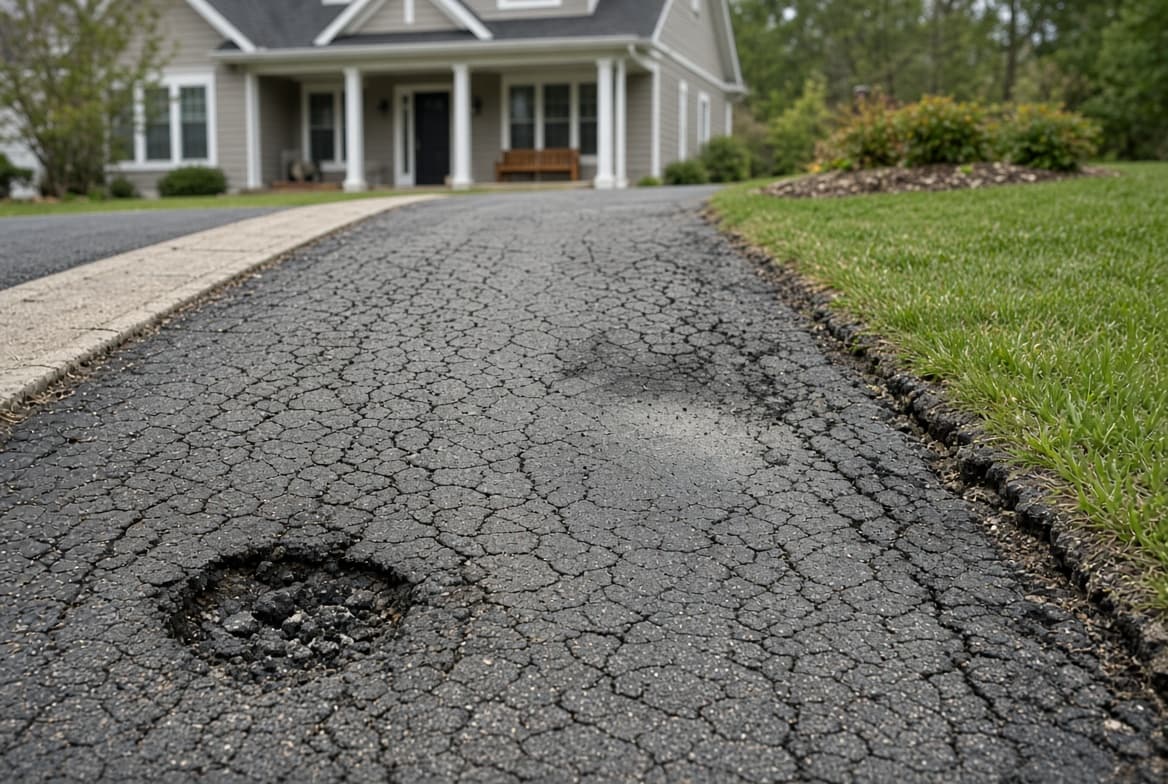 A failed asphalt driveway with alligator cracking, a web of small connected cracks, plus a pothole and a crumbling edge.