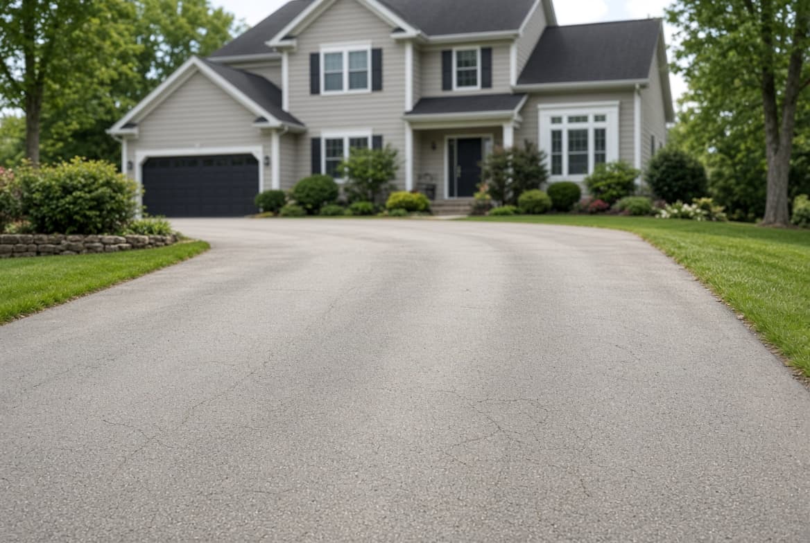 A faded gray asphalt driveway with a few hairline cracks but a flat, even surface.