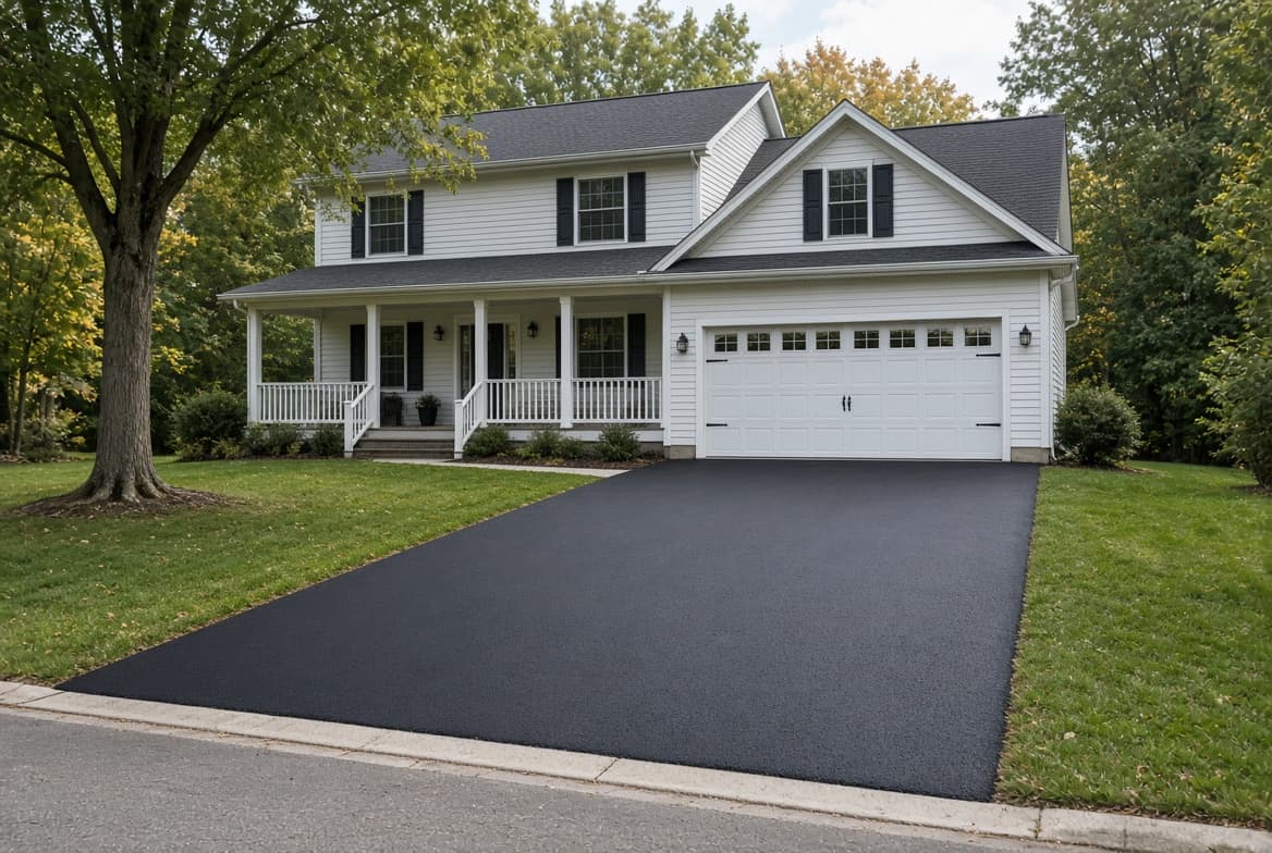 A freshly paved black asphalt driveway with crisp edges, running from the street to a two-car garage.